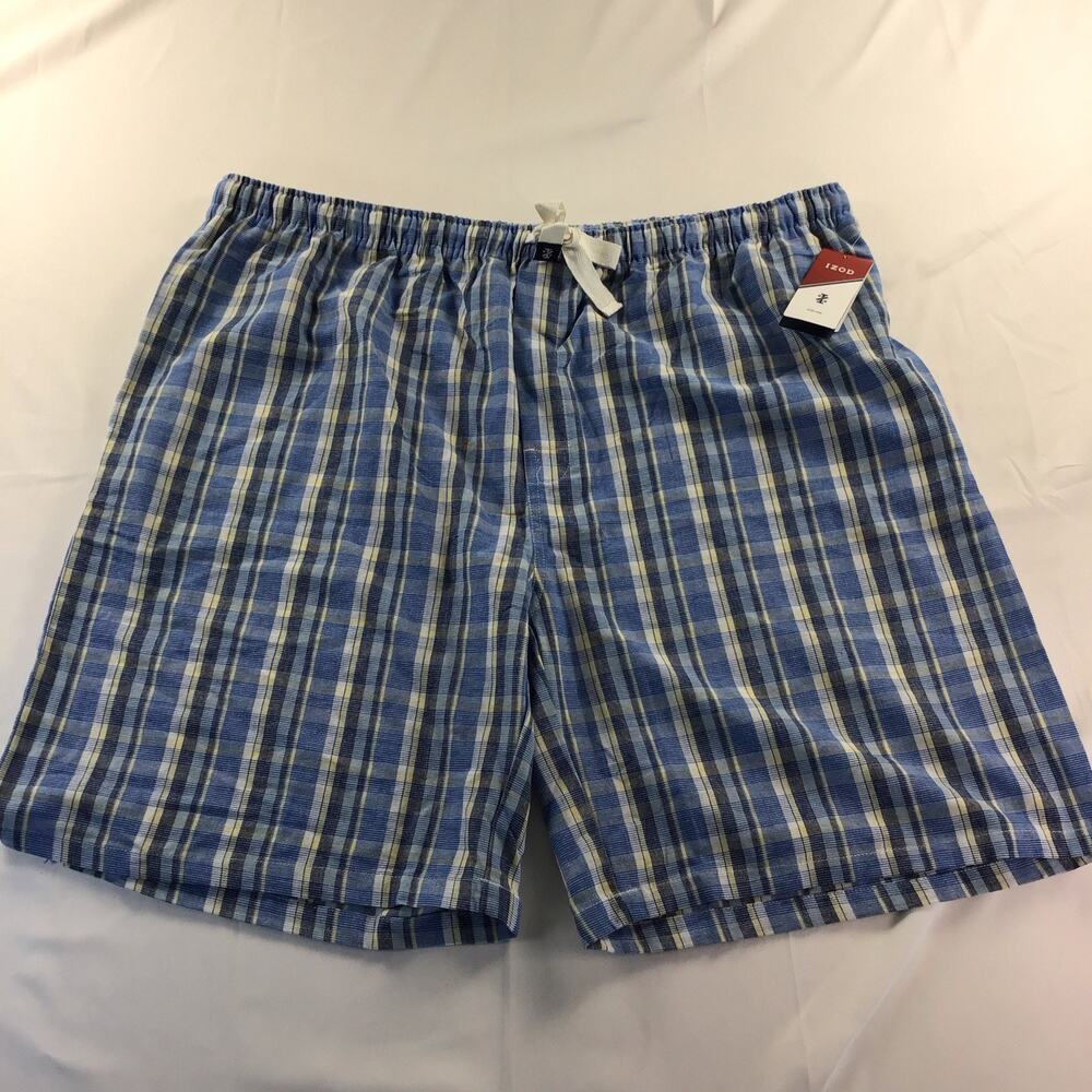 IZOD Mens 2XL BLUE PLAID Advantage Sleepwear Shorts Cotton Pajamas Machine Wash